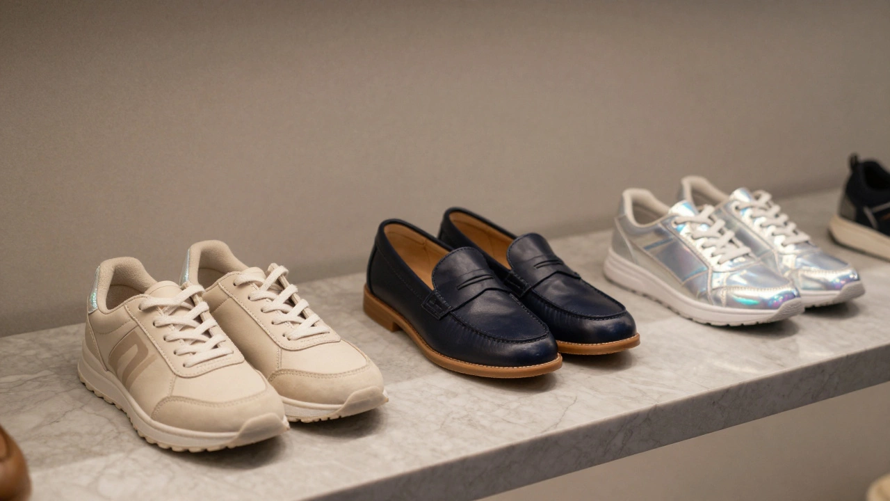 Три модные детские модели обуви: кремовые, темно-синие и голографические.