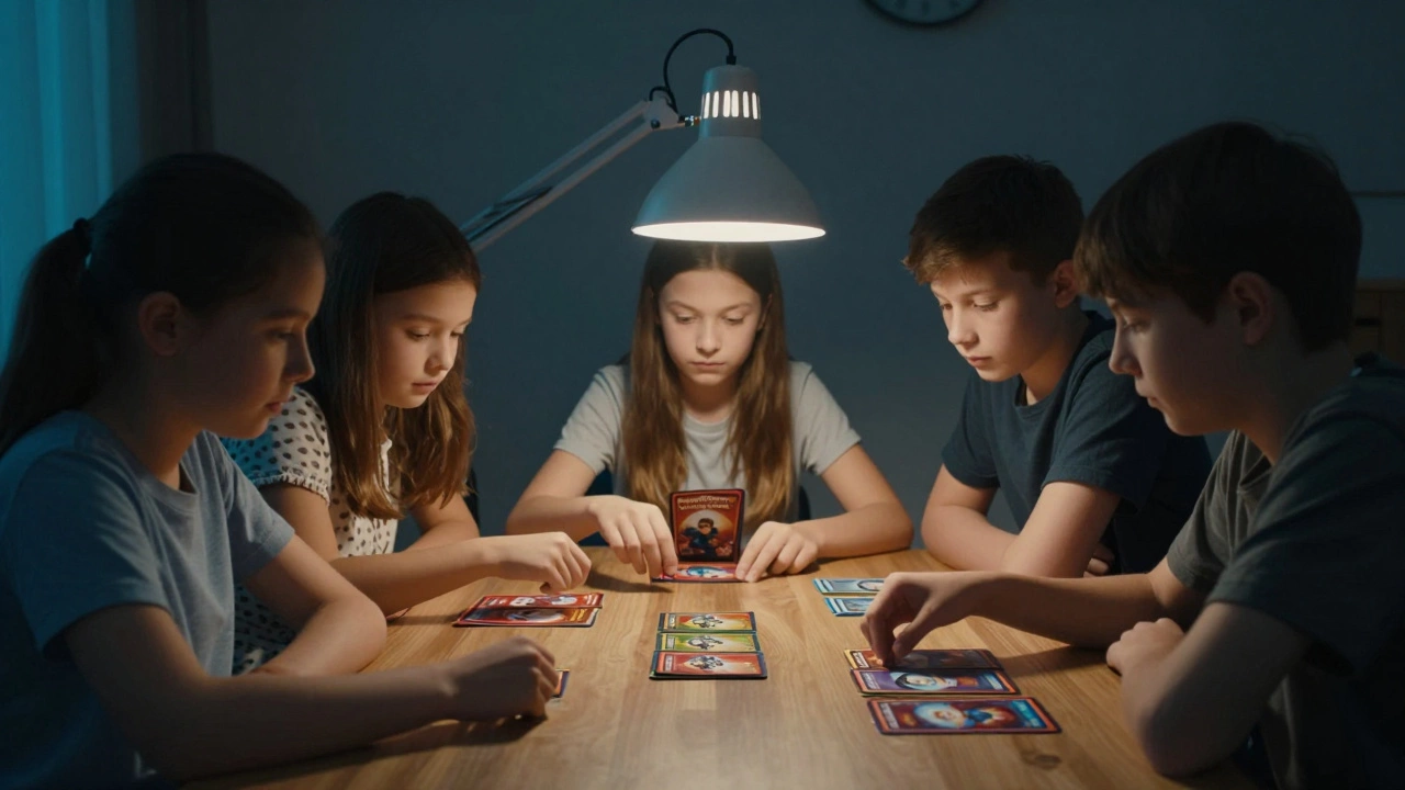 Дети вместе играют в кооперативную игру 'Пандемия', их лица освещены светом карт, атмосфера командной работы.