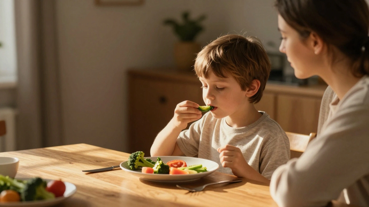 Мальчик спокойно ест овощи за обедом, мать смотрит на него с гордостью.