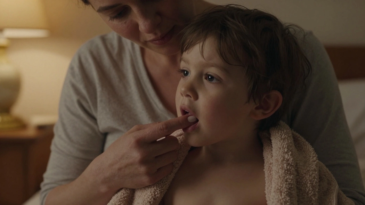 Мама аккуратно массирует кончик языка ребенка, сидящего на коленях.