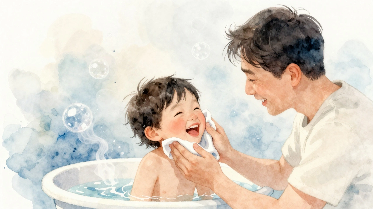 Папа массирует щеки и подбородок ребенка теплой салфеткой во время купания.