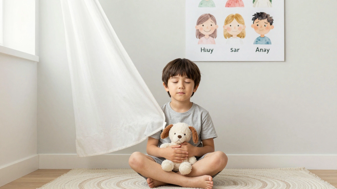 Пятилетний ребенок дышит спокойно, держит игрушку, на стене — карточки с эмоциями.