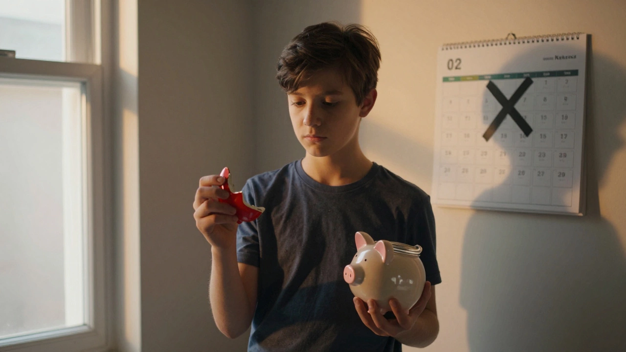 Подросток держит сломанную игрушку и копилку, выбирая между починкой и отложенной покупкой новой.