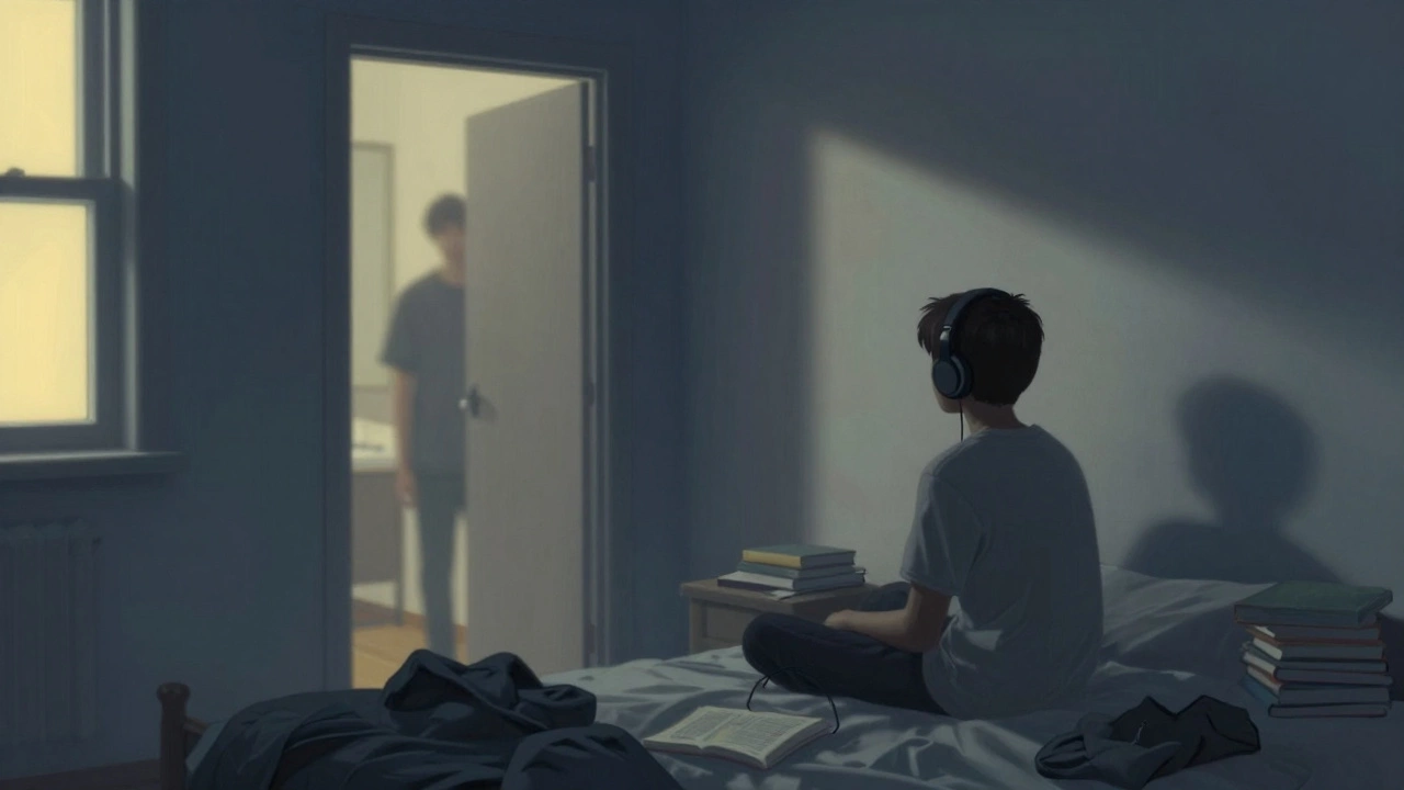 Подросток с наушниками сидит на кровати, родитель тихо стоит в дверном проеме.