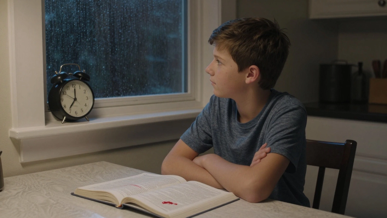 Подросток смотрит на двойку за домашку, сидя за столом, один, без родителей — момент личной ответственности.