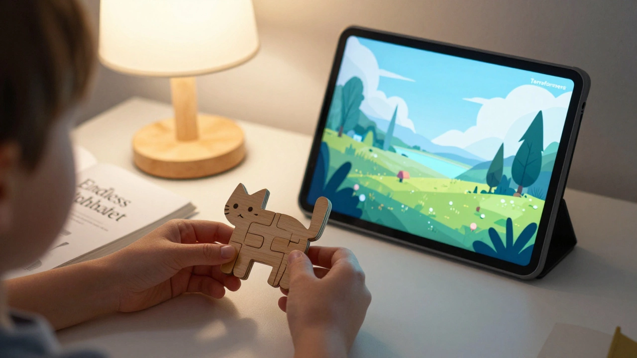 Ребёнок держит деревянную паззл-деталь рядом с планшетом, символизируя баланс игр.