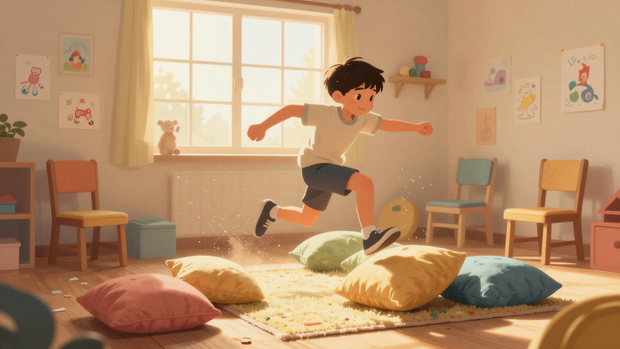 Ребёнок перепрыгивает через подушки в комнате, руки вытянуты, вокруг — мебель и игрушки.