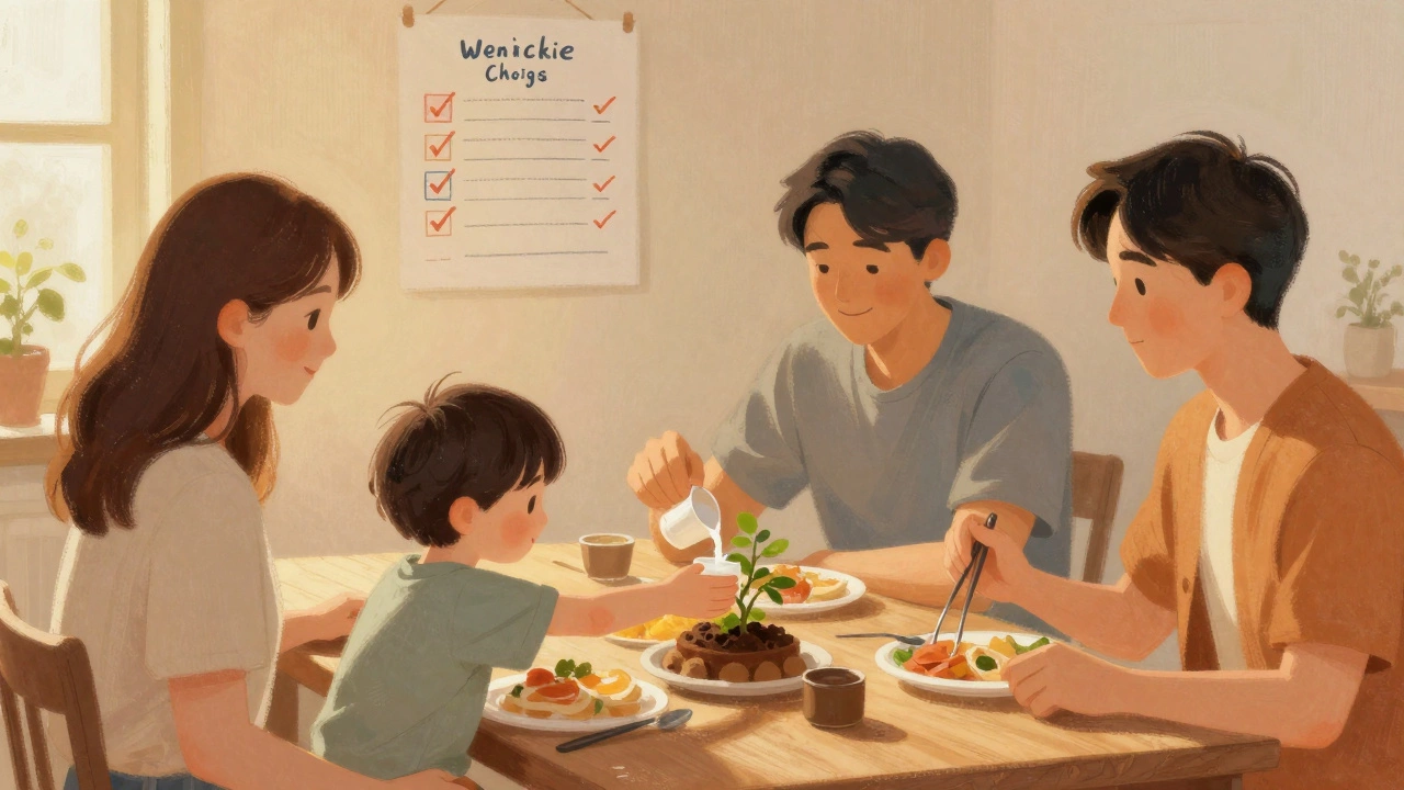 Ребёнок поливает растение за семейным ужином, родители наблюдают молча.