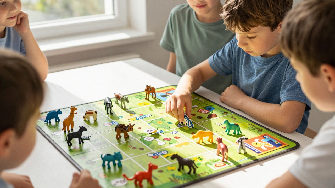 Ребёнок расставляет животных на поле в игре 'Зоопарк', сосредоточенно думает над следующим ходом.