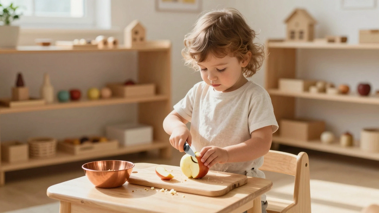 Ребёнок режет яблоко ножом на деревянной доске в спокойной обстановке.