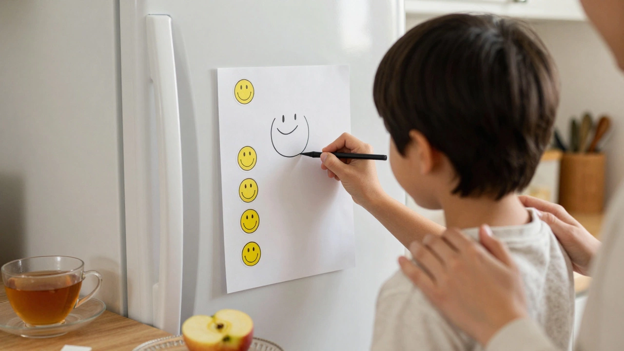 Ребёнок рисует смайлик на таблице успеха на холодильнике, родитель стоит рядом.