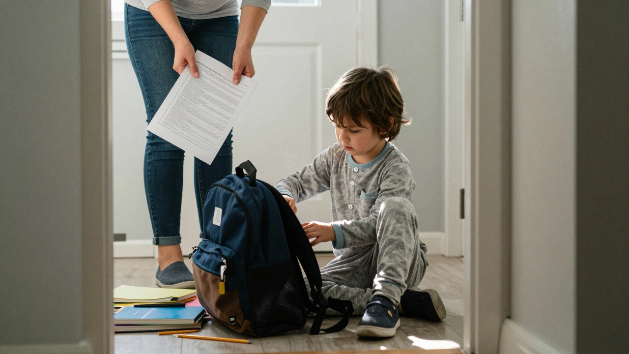 Ребёнок сам упаковывает рюкзак для школы, книги разбросаны по полу.
