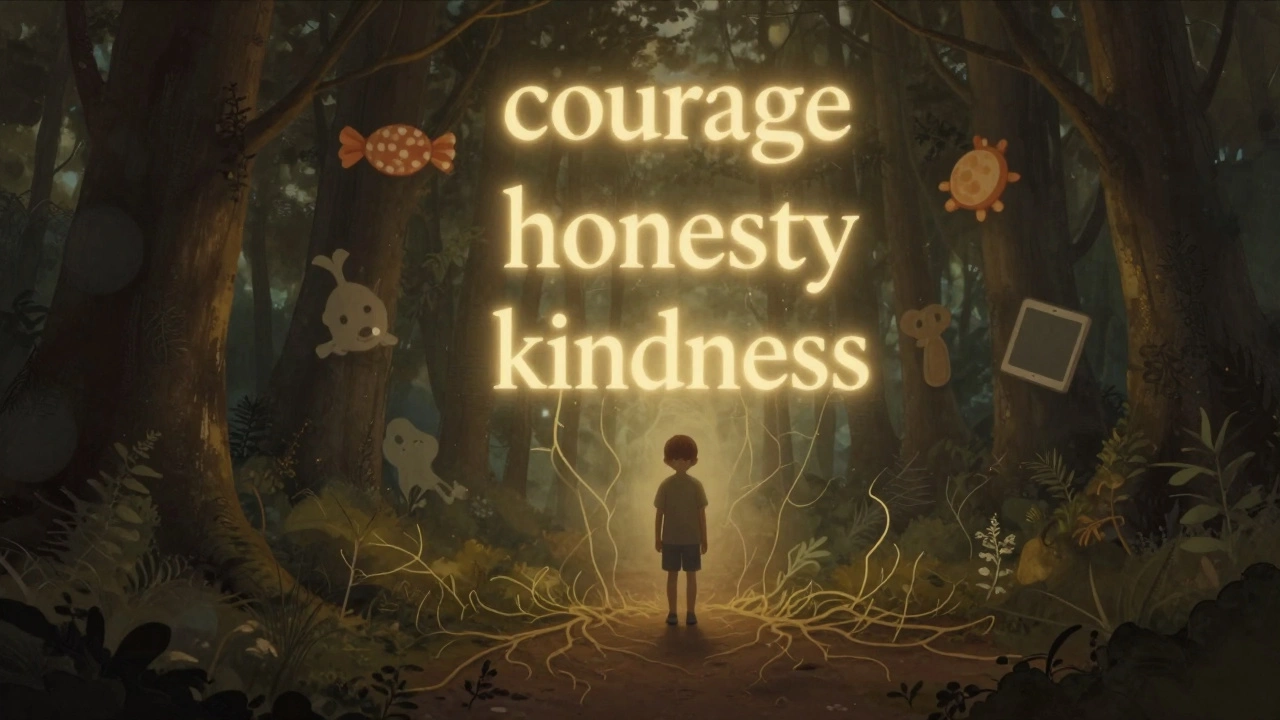 Ребёнок в лесу, вокруг него светятся качества характера, а материальные награды тают в тени.