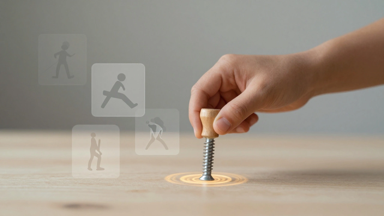 Рука ребёнка вкручивает деревянный винт, вокруг — абстрактные волны уверенности.