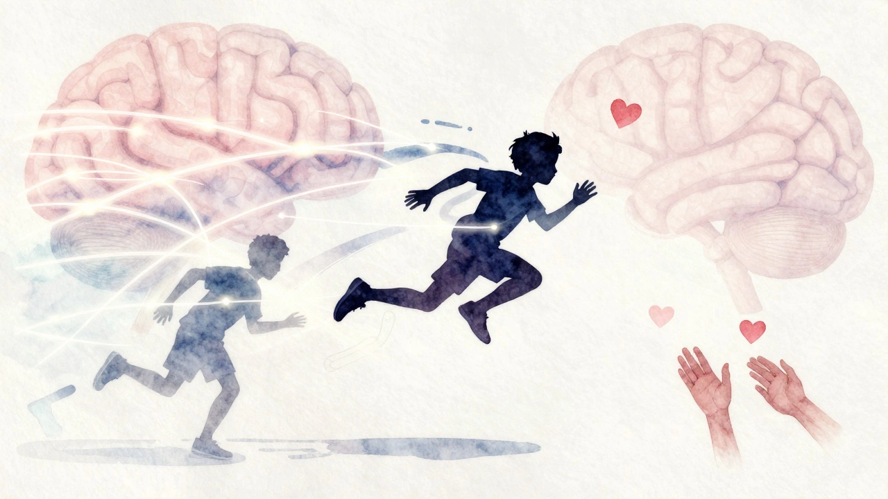 Силуэт ребёнка в прыжке, вокруг — световые следы, символизирующие движение и развитие мозга.