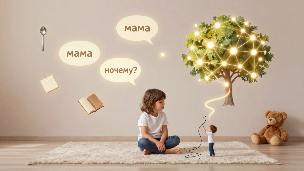 Трехлетний ребенок рисует, вокруг него плавают символы речи и нейронных связей.