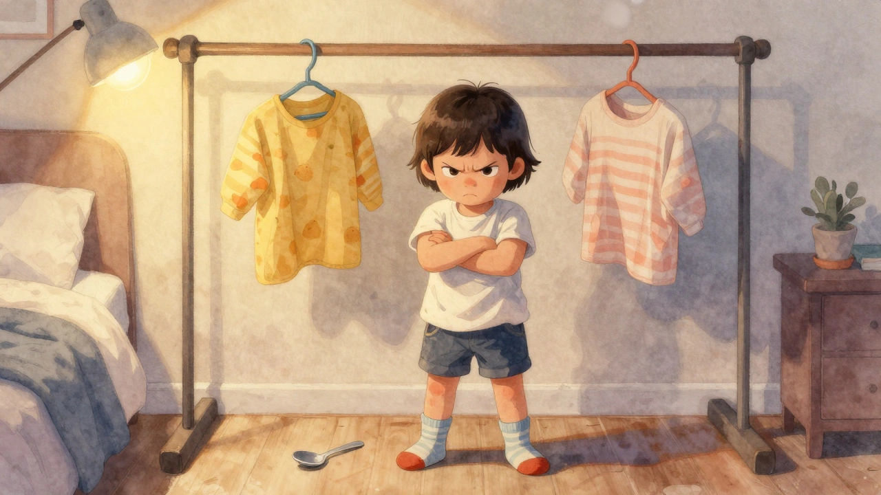 Трехлетний ребенок в несовпадающих носках стоит с закрытыми руками, рядом одежда для выбора.