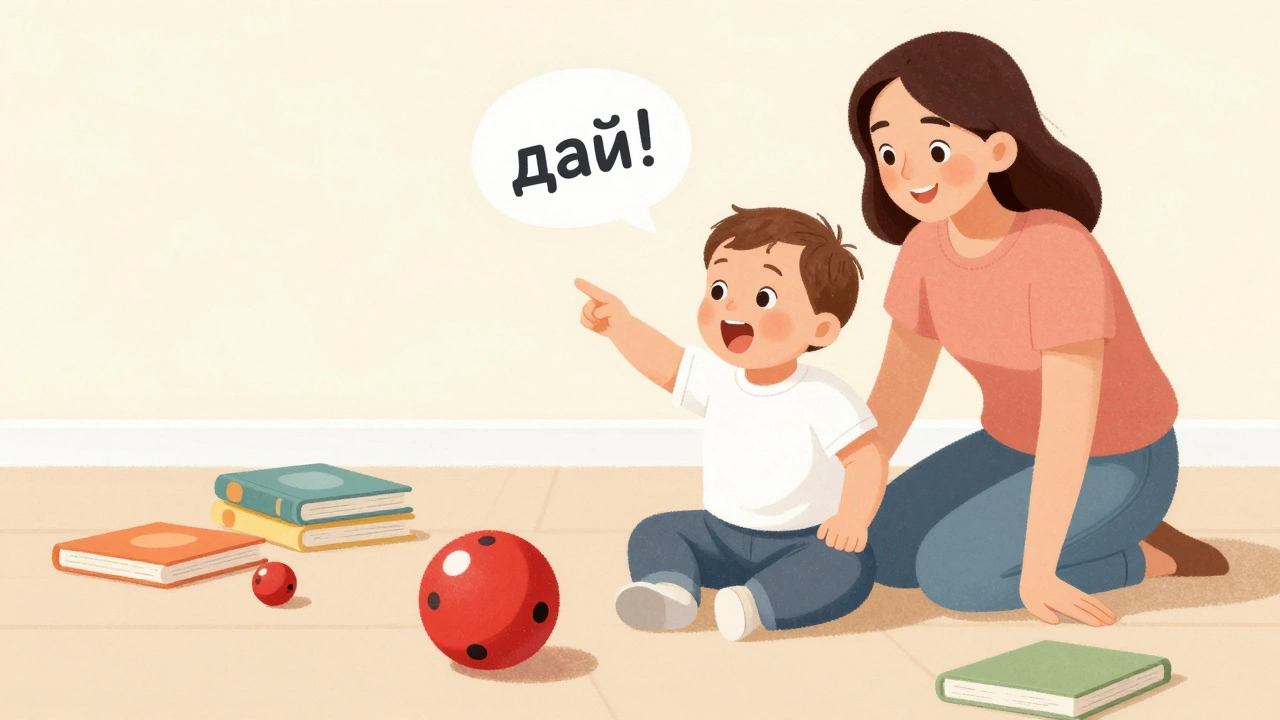 Двухлетний ребёнок указывает на мяч и говорит «дай!» с мамой рядом