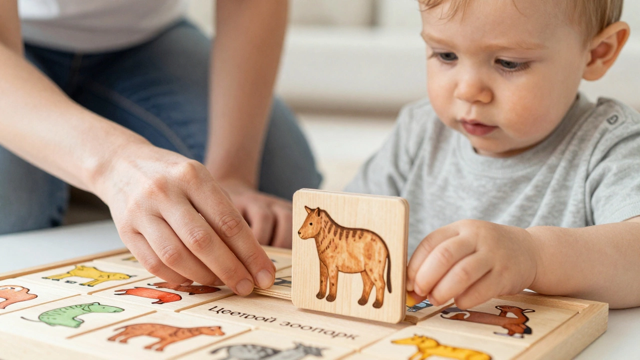 Малыш кладёт деревянную карточку с животным в игру 'Цветной зоопарк', родитель рядом.