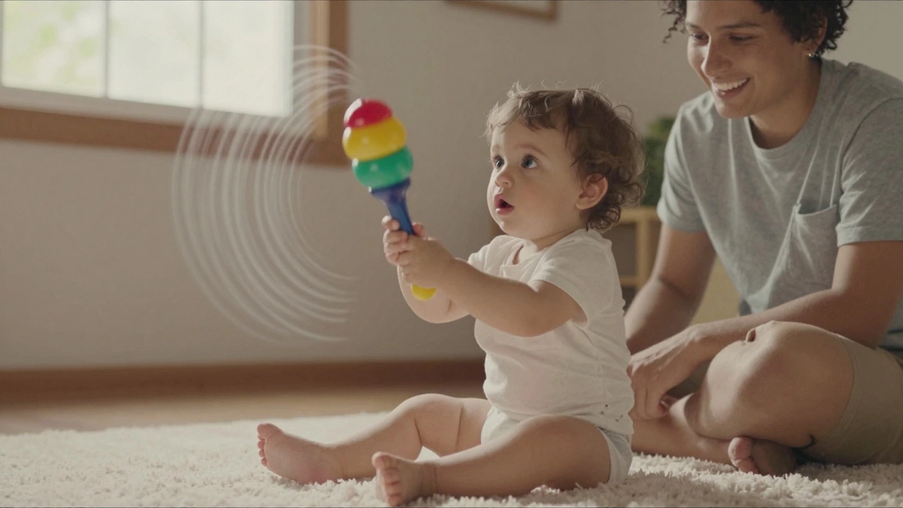 Малыш с удивлённым лицом трясёт яркий маракас, рядом сидит улыбающийся взрослый.