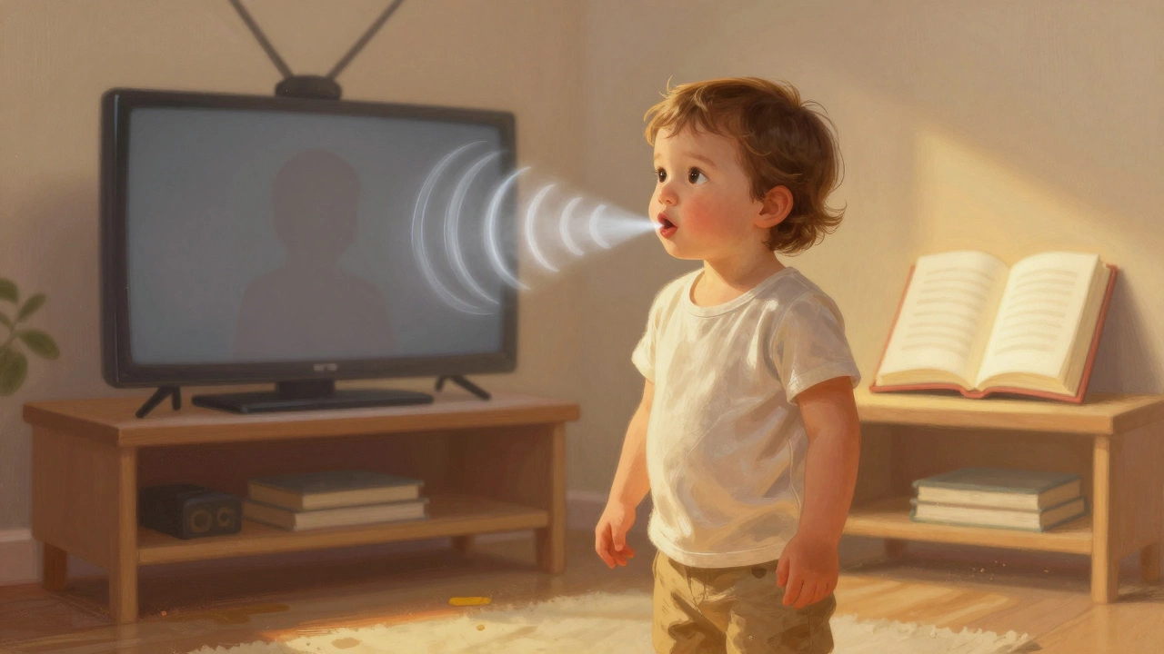 Ребёнок говорит фразу, а позади — книга и выключенный экран, символизируя живое общение
