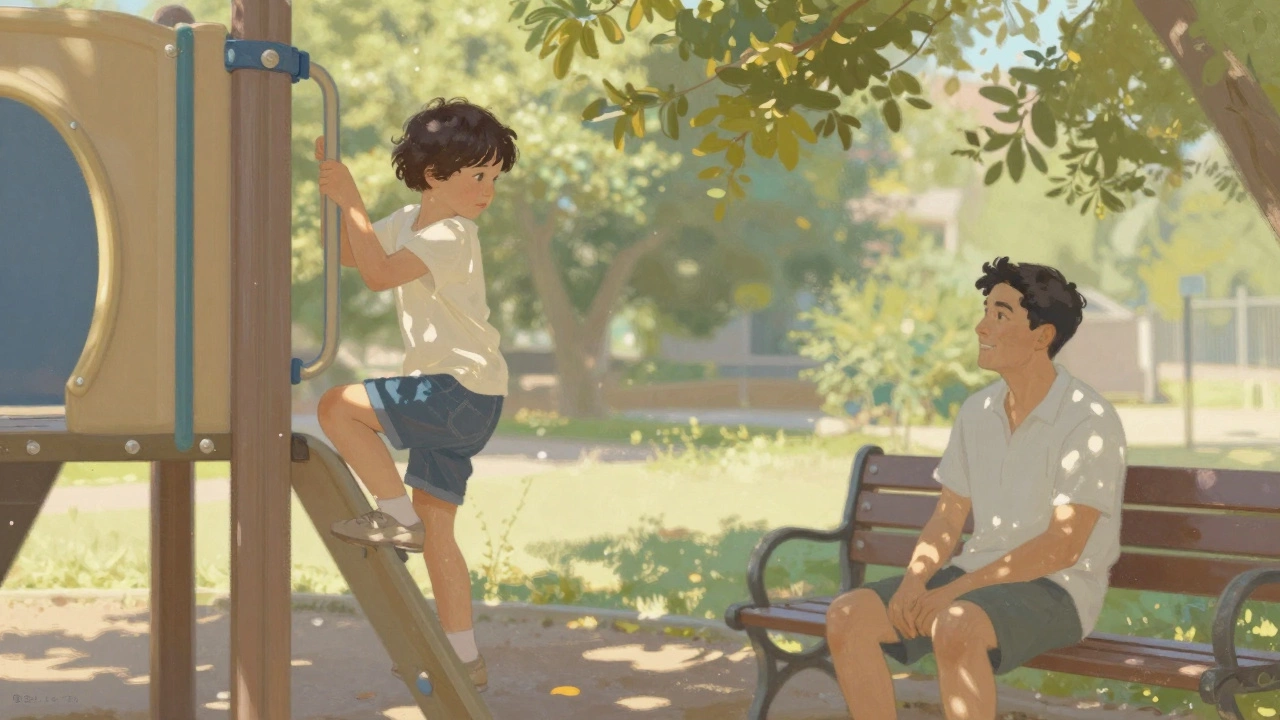 Ребенок исследует площадку, периодически проверяя присутствие родителя