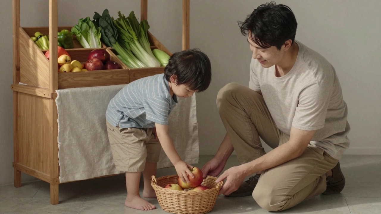 Ребёнок кладёт яблоко в корзину у миниатюрного деревянного магазина.