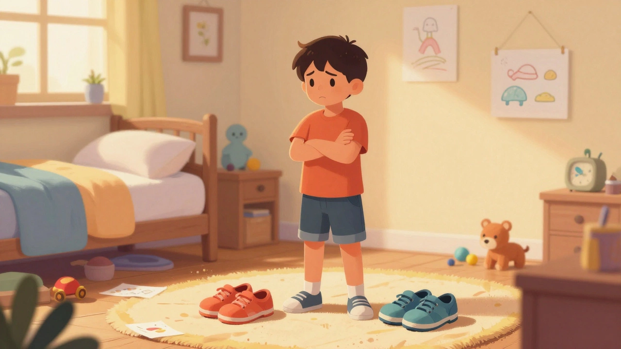 Ребёнок отказывается надеть обувь, рядом лежат два варианта, в углу комнаты — его безопасное пространство.