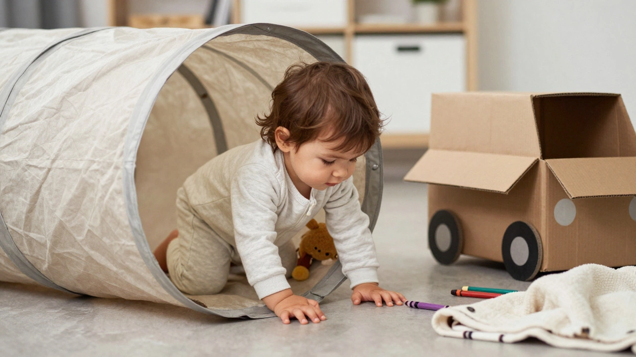 Ребёнок ползёт через тканевый туннель, держа плюшевую игрушку.