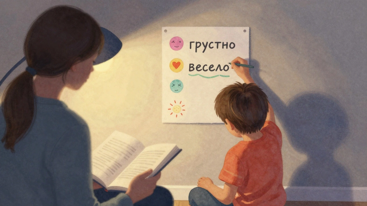 Ребёнок рисует свои эмоции на стене, родитель рядом читает.