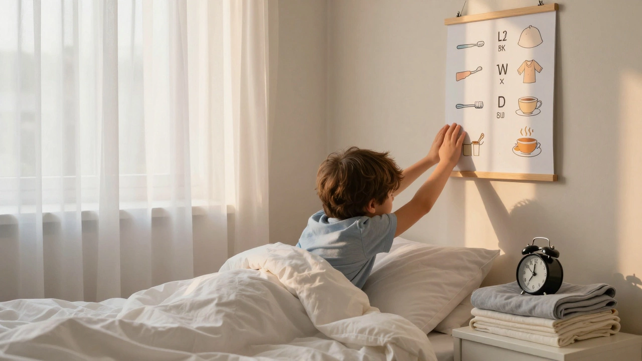 Ребёнок сам встаёт утром, смотрит на расписание, солнечный свет в комнате.