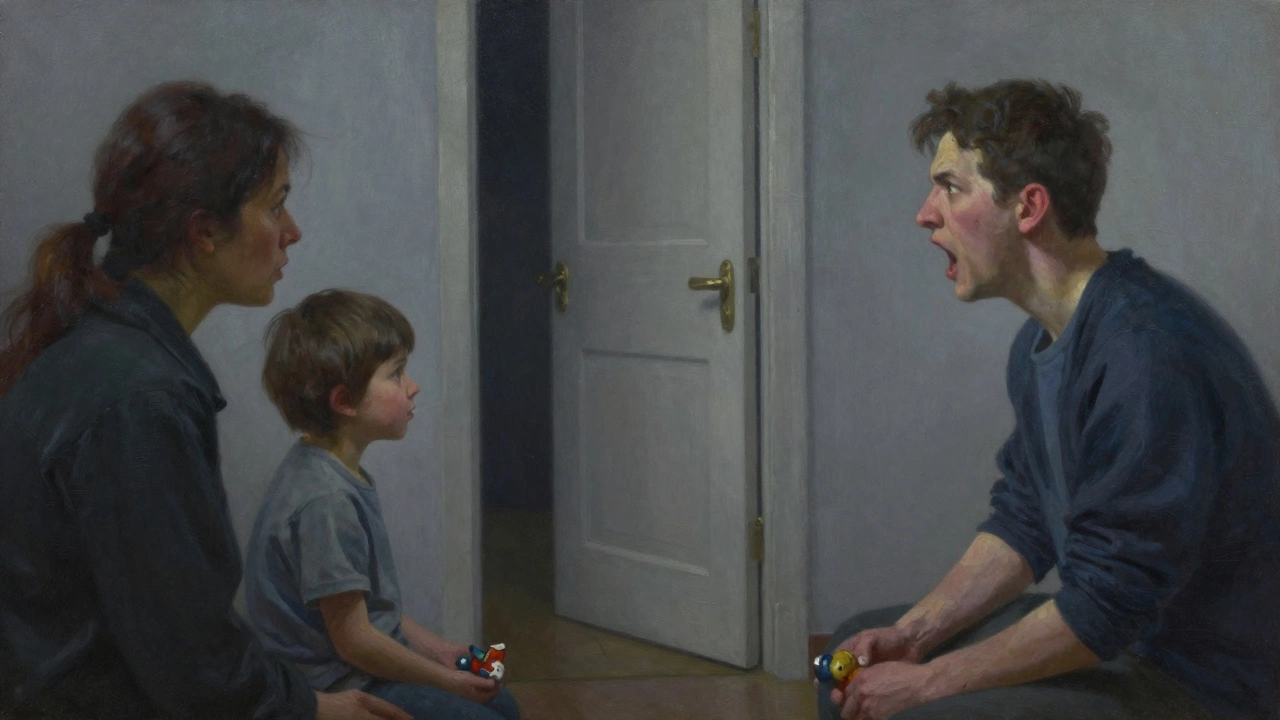 Ребёнок смотрит, как взрослый кричит на другого взрослого, держа сломанную игрушку — атмосфера напряжения и одиночества.