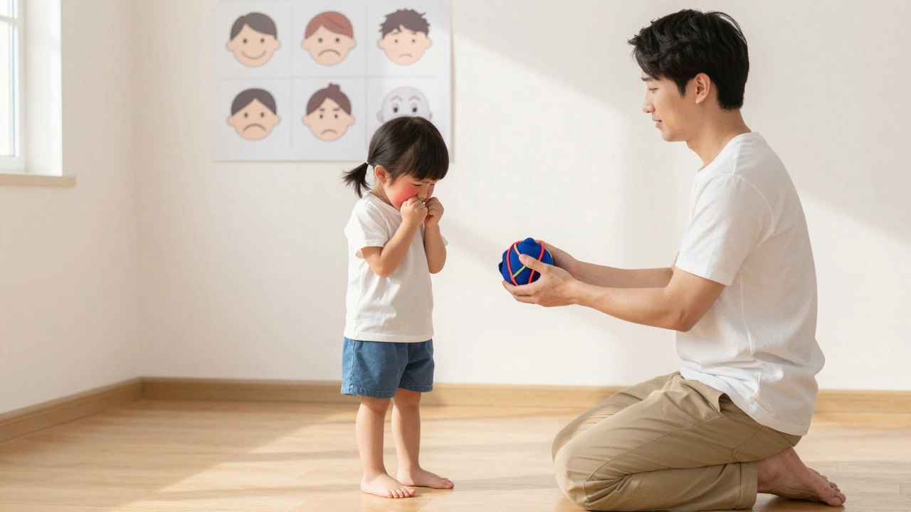 Ребёнок сжимает самодельный стресс-мячик, рядом родитель спокойно наблюдает, на стене — карточки с эмоциями.