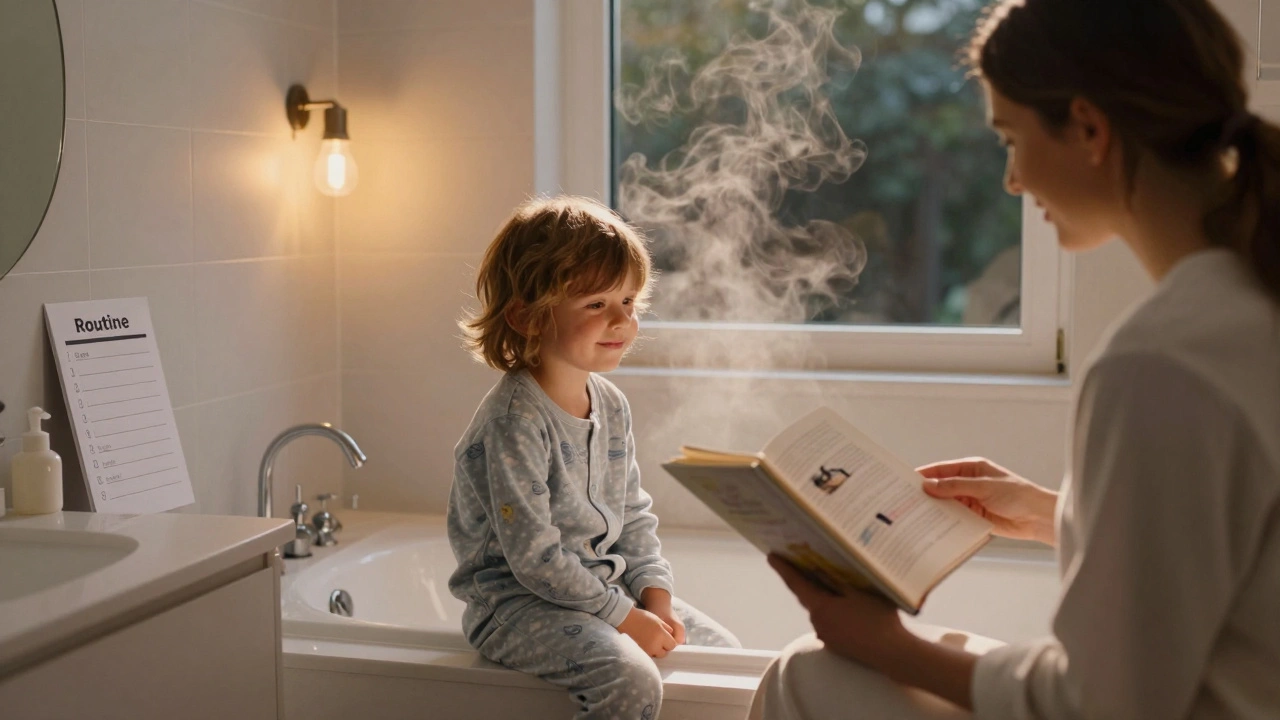 Ребёнок в пижаме сидит в ванне, родитель читает книгу, в комнате тёплый свет и пар от воды.