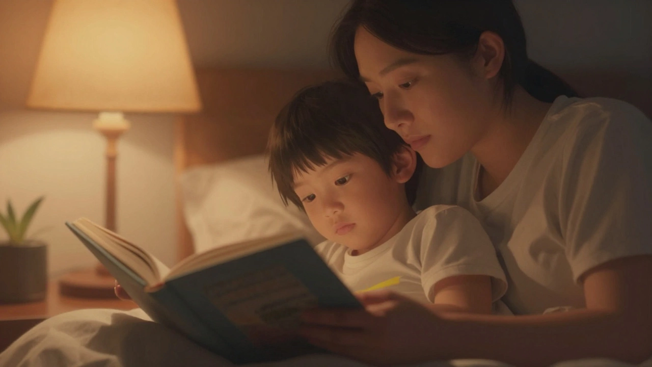 Родители читают книжку перед сном, создавая безопасную атмосферу