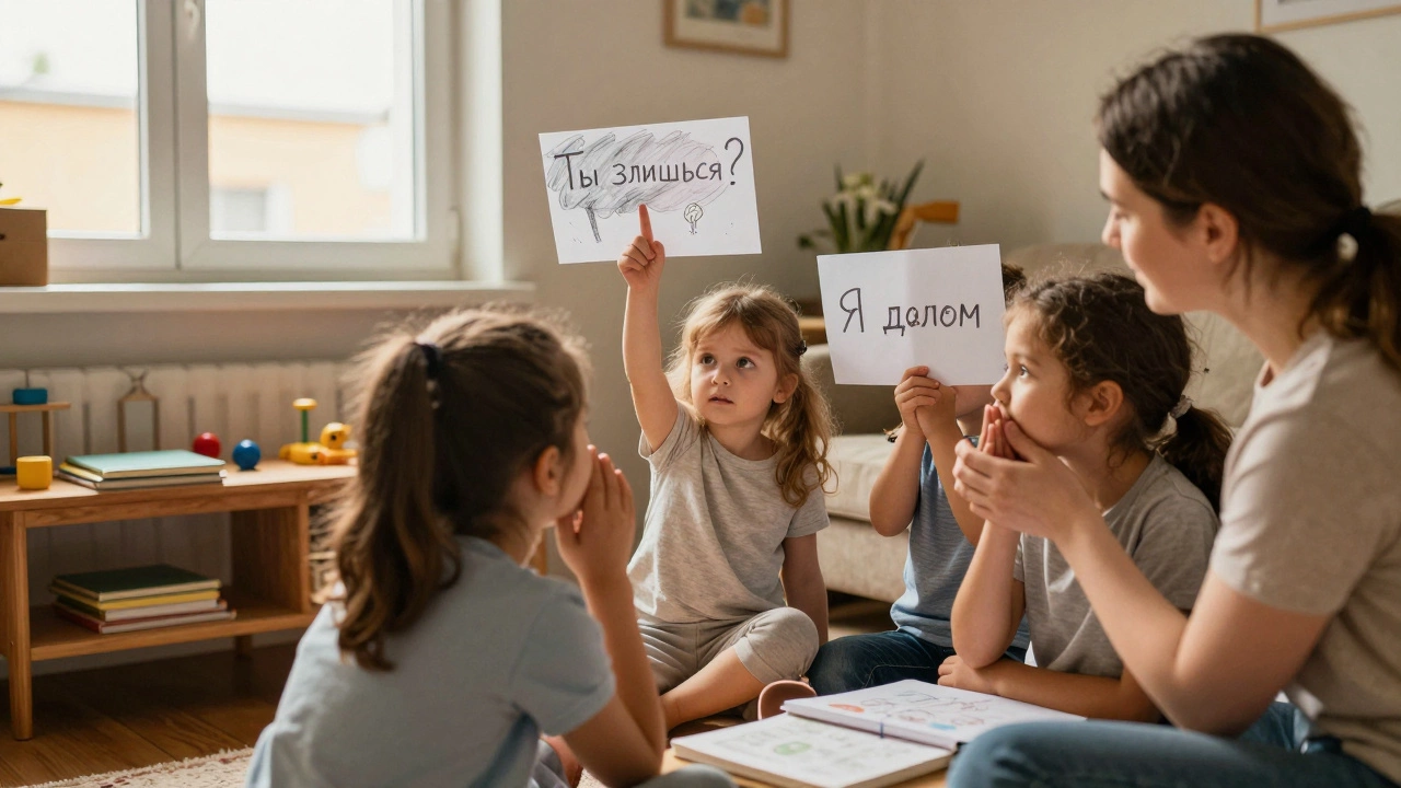 Родители мягко называют эмоции детей, сидя рядом в уютной комнате, где царит спокойствие и взаимопонимание.