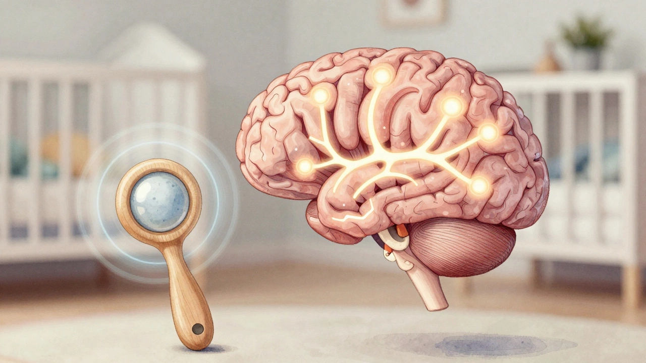 Схема мозга младенца с активированными зонами слуха, зрения и движения при звуке погремушки.