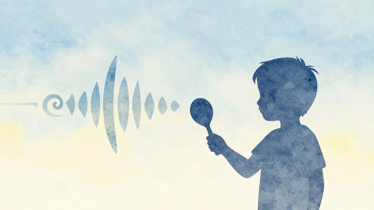 Силуэт ребёнка с звуковыми волнами, выходящими из маракаса, в мягкой водяной палитре.