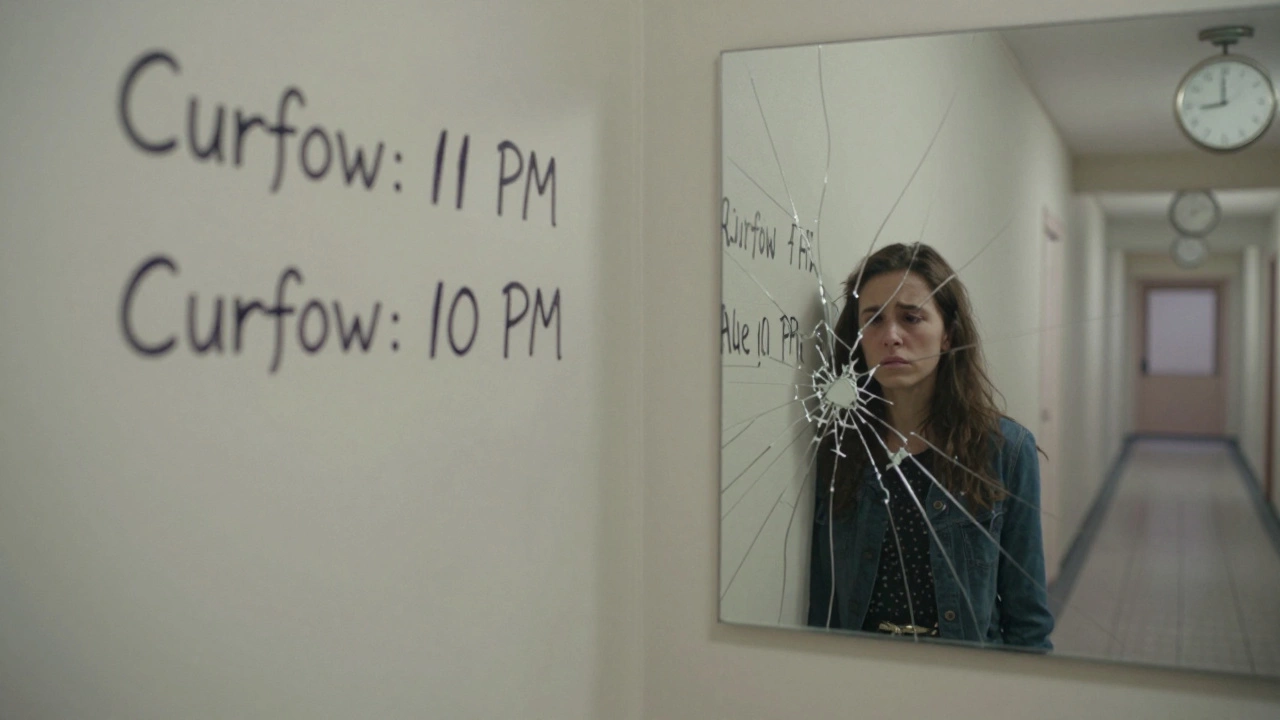 Человек стоит перед стеной, где постоянно меняются правила, а его отражение в зеркале выглядит тревожно.