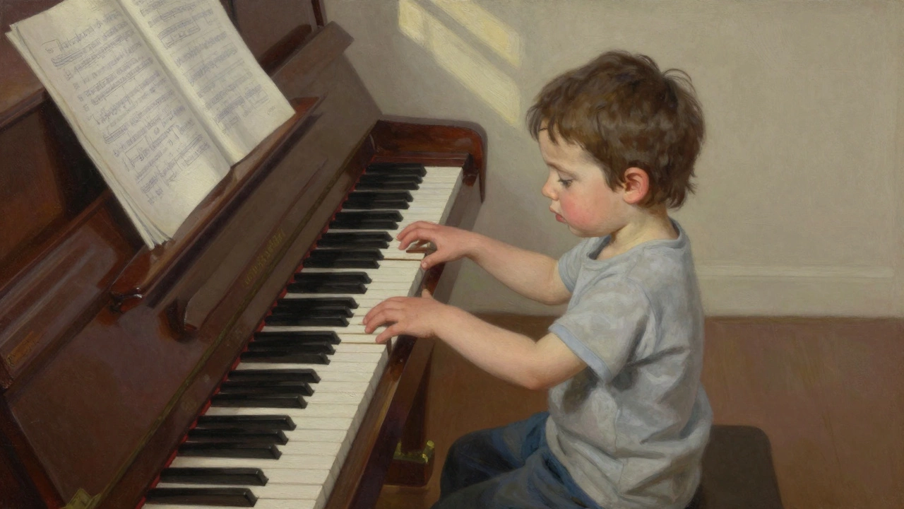 Четырёхлетний ребёнок сидит у пианино, ноги не достают до пола, руки не могут достать до клавиш.