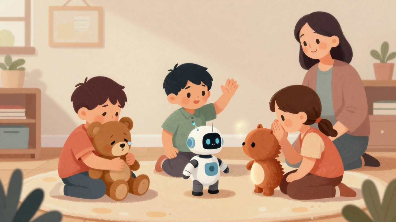 Дети играют с эмоционально отзывчивыми игрушками в детском саду.