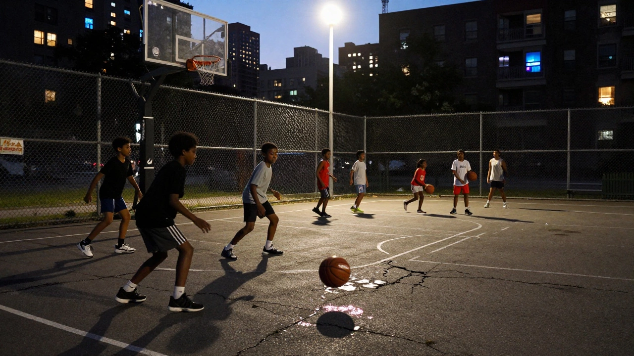 Дети на асфальтовой площадке тренируют баскетбол под уличным фонарем, один дриббит мяч.