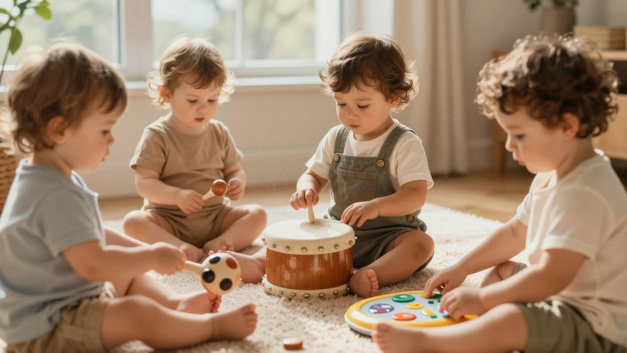 Дети разного возраста исследуют музыкальные игрушки: погремушку, барабан и звуковую панель.