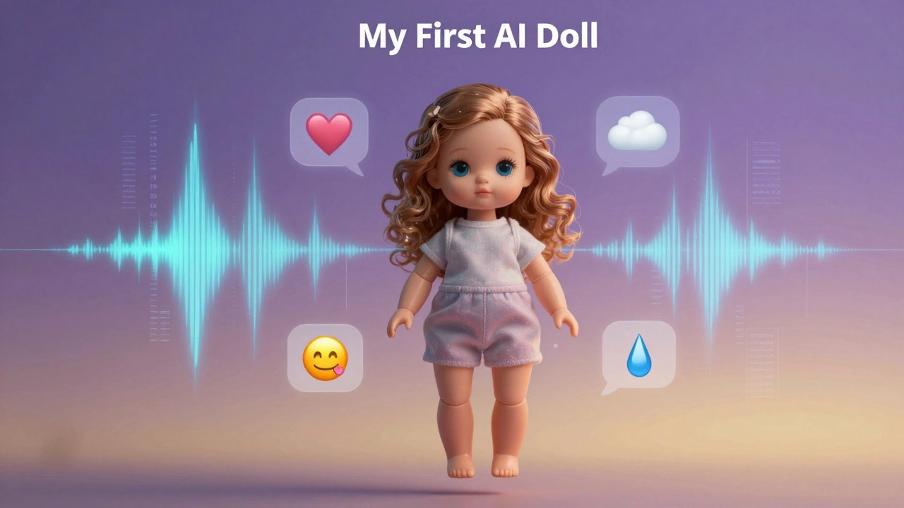 Интерактивная кукла с визуализацией эмоций и звуковых волн в цифровом стиле.