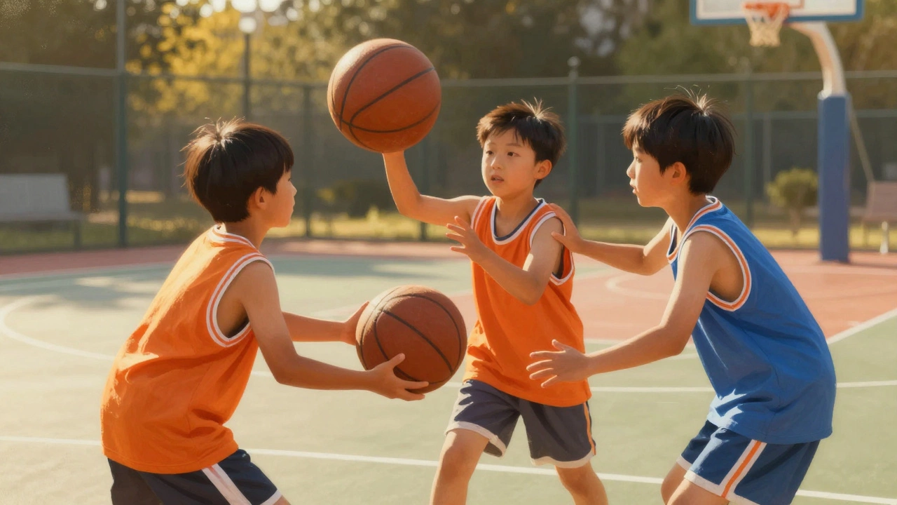 Команда детей играет в баскетбол на площадке