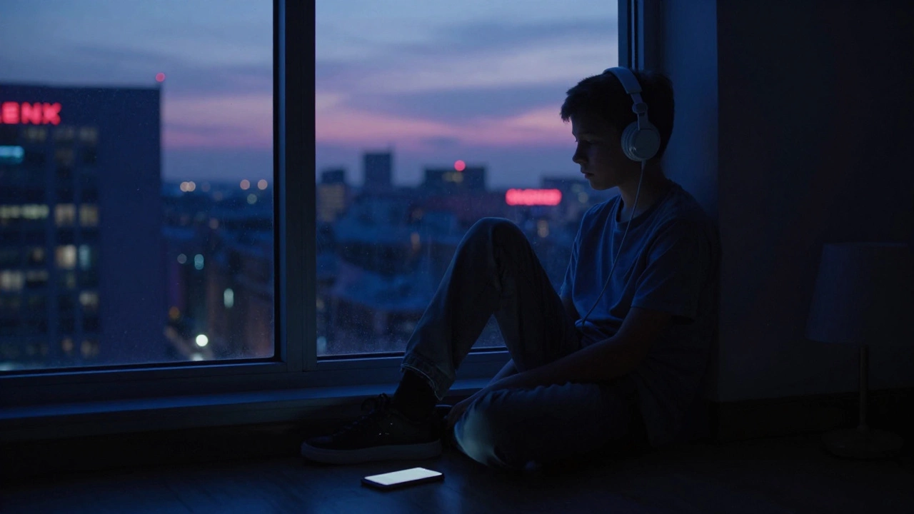 Подросток сидит у окна на закате, смотрит вдаль, наушники на ушах, телефон лежит рядом.