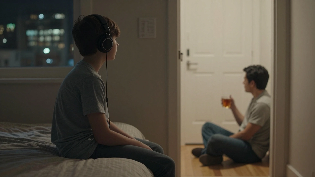 Подросток в комнате с наушниками, родитель сидит в коридоре вне двери — тихая поддержка.