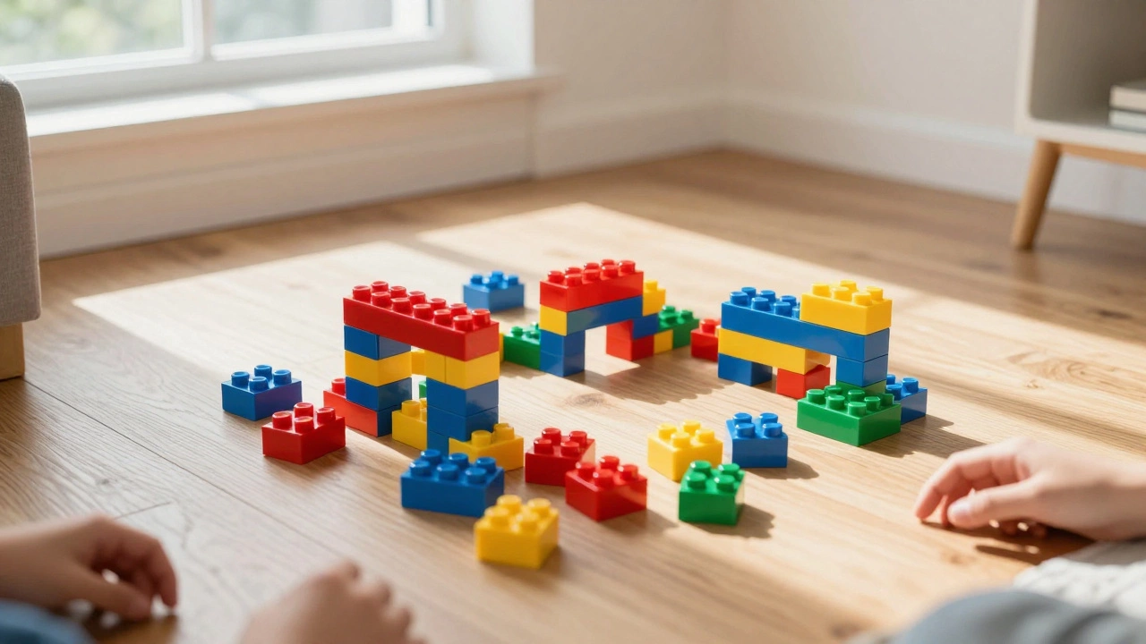 Разноцветные строительные блоки на деревянном полу