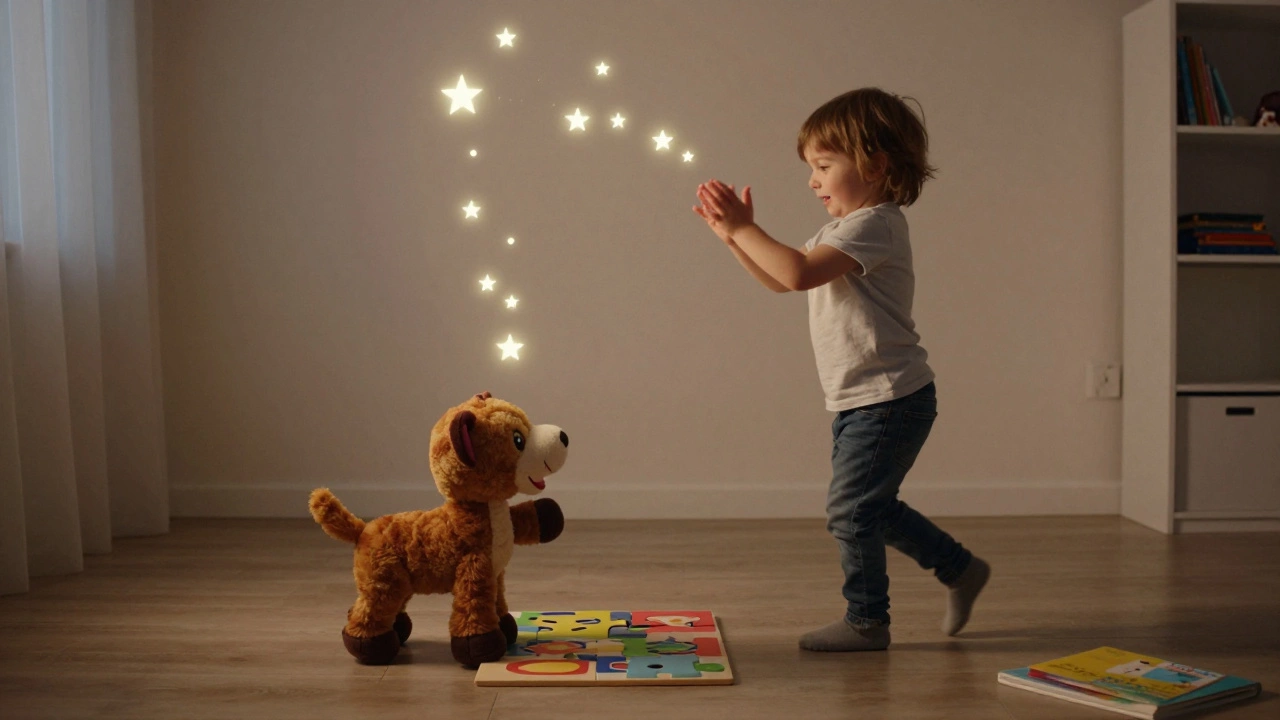 Ребёнок двигается, а игрушка реагирует на движения, создавая светящиеся звёзды.