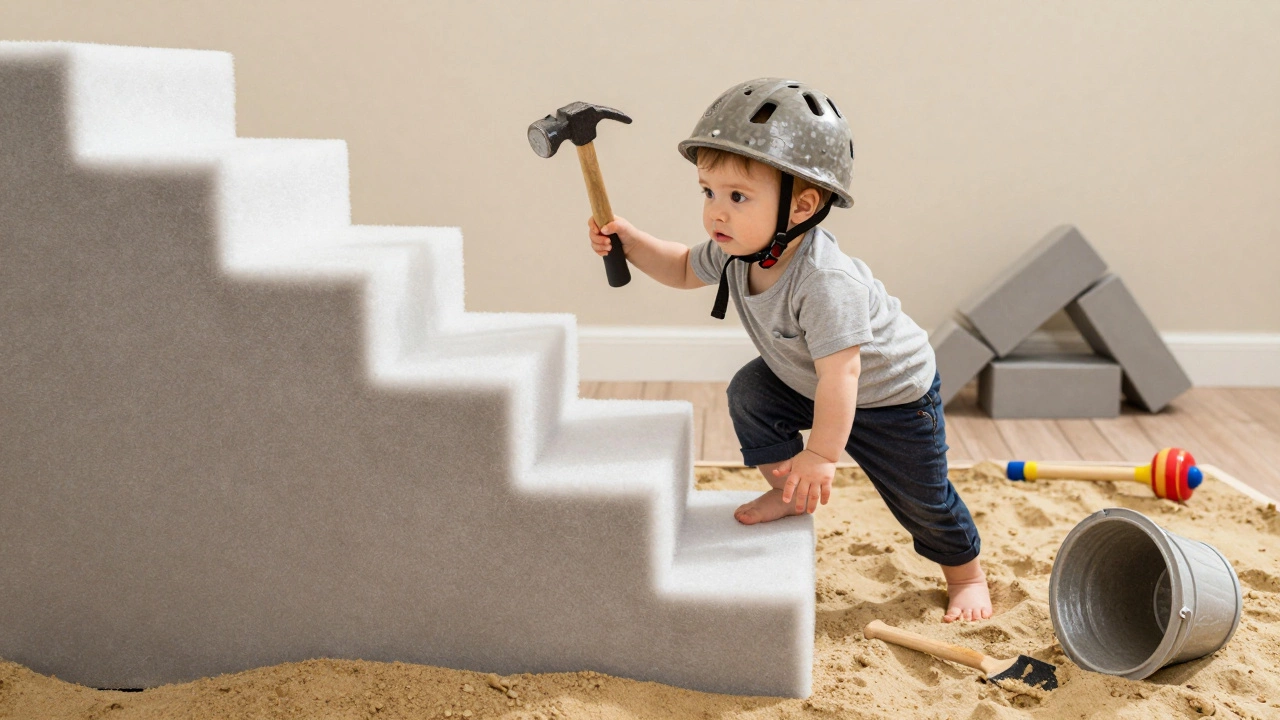 Ребенок лазает по низкой пенной лестнице с молотком, рядом песочница и перевернутые ведра.